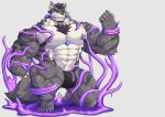 5_fingers 5_toes abs anthro areola biceps black_clothing black_nose black_underwear blue_eyes bulge claws clothing eyebrows feet fingers fur grey_background grey_body grey_fur hi_res kneeling male muscular muscular_anthro muscular_male pecs pink_areola purple_tentacles simple_background solo tail teeth tentacles toe_claws toes underwear vein veiny_muscles white_body white_claws white_fur white_toe_claws wolfblack43