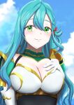  1girl aqua_hair armor bangs blue_sky braid breastplate breasts chloe_(fire_emblem) cleavage cloud elbow_gloves fire_emblem fire_emblem_engage gloves green_eyes hand_on_own_chest highres large_breasts long_hair looking_at_viewer matoimangekyo pegasus_knight_uniform_(fire_emblem) red_ribbon ribbon shoulder_armor side_braid single_braid skin_tight sky smile solo swept_bangs upper_body very_long_hair white_gloves 