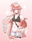 1girl belt black_choker breasts chinese_commentary choker coat commentary_request crop_top cropped_legs fu_hua fu_hua_(fenghuang_of_vicissitude) highres honkai_(series) honkai_impact_3rd jingwei_(bird) long_braid long_hair navel official_alternate_costume pink_background red_coat red_eyes red_hair short_shorts shorts sinka78035570 small_breasts solo stomach thigh_belt thigh_strap very_long_hair white_shorts 