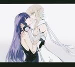  2girls bare_shoulders blonde_hair blunt_bangs chen6493 detached_sleeves dress face-to-face from_side genshin_impact gradient_background grey_background hair_between_eyes hair_down hand_in_another&#039;s_hair hand_on_another&#039;s_back hand_on_another&#039;s_cheek hand_on_another&#039;s_face hands_up highres hug joints leaning_forward leaning_on_person long_hair looking_at_viewer looking_down looking_to_the_side lumine_(genshin_impact) mole mole_under_eye multiple_girls parted_lips purple_eyes purple_hair raiden_shogun robot_joints scarf short_hair simple_background standing upper_body white_dress white_scarf yellow_eyes yuri 