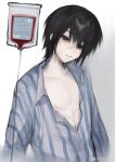  1boy alternate_universe black_eyes black_hair blood blood_bag chinese_commentary closed_mouth collarbone collared_shirt dao_gui_yi_xian expressionless grey_background grey_shirt hair_between_eyes head_tilt highres hospital_gown intravenous_drip li_huowang li_huowang_(modern_world) long_sleeves male_focus nipples official_alternate_costume official_alternate_hair_length official_alternate_hairstyle open_clothes open_shirt pale_skin pectorals scar scar_on_face shigelaogutoukongle shirt short_hair simple_background solo striped_clothes striped_shirt upper_body vertical-striped_clothes vertical-striped_shirt watermark weibo_watermark white_background 