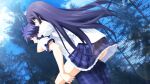  1boy 1girl aoi_sena arms_around_neck blue_hair blurry blurry_background blush breast_press breasts carrying carrying_person chaos;head chaos;head_love_chu_chu! clothes_lift collared_shirt day dutch_angle from_side game_cg grey_eyes holding_another&#039;s_thighs light_rays long_hair looking_at_another looking_back matsuo_yukihiro medium_breasts messy_hair nishijou_takumi official_art open_mouth outdoors pants piggyback plaid_clothes plaid_pants plaid_skirt plaid_sleeves pleated_skirt purple_eyes purple_hair purple_pants purple_skirt school_uniform shirt short_hair short_sleeves skirt skirt_lift spiked_hair suimei_school_uniform suimei_summer_uniform tree underbutt upskirt walking white_petticoat white_shirt 