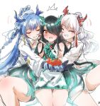  3girls aqua_hair aqua_horns aqua_skin arknights black_hair black_shorts blue_hair blue_horns blue_skin china_dress chinese_clothes closed_eyes colored_skin commentary_request dragon_girl dragon_horns dress dusk_(arknights) earrings embarrassed hair_over_one_eye holding holding_brush horns hug jacket jewelry ling_(arknights) long_hair misago33695466 multicolored_hair multiple_girls nian_(arknights) open_mouth paintbrush pointy_ears red_hair red_horns red_skin shorts siblings sisters sleeveless sleeveless_dress streaked_hair tassel tassel_earrings very_long_hair white_dress white_hair white_jacket 