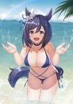  1girl animal_ears beach bikini black_hair blue_bikini blue_choker blue_ribbon blue_sky blush breasts choker cloud collarbone commentary_request day ear_ribbon eishin_flash_(umamusume) fingernails hair_between_eyes highres horse_ears horse_girl horse_tail large_breasts looking_at_viewer ocean open_mouth outdoors partially_submerged rainbow ribbon sky smile solo swimsuit tail teeth umamusume upper_teeth vococo water wet 