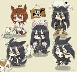  2girls :3 :o absurdres ahoge animal animal_ears animal_hands ask_yourself bangs black_gloves black_hair black_jacket black_shirt blush box brown_hair cardboard_box cat cat_paws character_request chibi closed_mouth commentary_request earrings fake_animal_ears full_body gloves hair_between_eyes highres holding holding_animal holding_cat holding_umbrella horse_ears horse_girl horse_tail jacket jewelry kneeling long_bangs long_hair long_sleeves looking_at_viewer manhattan_cafe_(umamusume) multicolored_hair multiple_cats multiple_girls multiple_views necktie red_eyes running shadow shirt simple_background single_earring skirt sleeves_past_fingers sleeves_past_wrists standing tail twitter_username umamusume umbrella white_jacket yellow_background yellow_eyes yellow_necktie 
