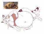 animal_humanoid belly big_belly big_breasts bottomwear breasts cakecatboy cleavage clothed clothing felid felid_humanoid female hi_res huge_belly huge_breasts humanoid kiera_(cowszers) lying mammal mammal_humanoid markings motion_lines on_side overweight overweight_female overweight_humanoid pantherine pantherine_humanoid reference_image rumbling_stomach shirt shorts simple_background solo sound_effects striped_markings striped_tail stripes stuffing tail tail_markings tail_motion tailwag text thick_thighs tiger_humanoid topwear