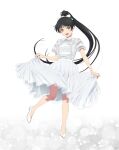  1girl artbook black_hair bow dress full_body hair_bow hazuki_ren high_heels high_ponytail highres long_hair looking_at_viewer love_live! love_live!_superstar!! non-web_source official_art open_mouth ponytail simple_background skirt skirt_hold smile solo standing white_background white_bow white_dress yellow_eyes 