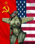 4:5 abs aerogulphus aircraft airplane anthro artist_name athletic athletic_female blush female flag hi_res living_aircraft living_machine living_vehicle machine markings metallic_skin military_vehicle multicolored_body propeller purple_eyes russian russian_text shark_teeth_print shy solo soviet_union star_(marking) text two_tone_body united_states_of_america vehicle warning_message wings