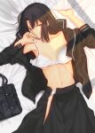  1girl bag bare_shoulders bed_sheet black_hair blush bra breasts brown_eyes closed_mouth collarbone dress hair_between_eyes hand_on_own_face highres iro_(sekaixiro) kara_no_kyoukai long_dress long_hair long_sleeves looking_at_viewer lying medium_breasts navel off_shoulder open_clothes panties pleated_skirt reien_girl's_academy_school_uniform ryougi_shiki sailor_collar school_bag school_uniform short_hair skirt solo type-moon type-moon_heroines underwear white_bra white_panties 