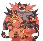  1boy claws colored_sclera evolutionary_line fang fire furry furry_male green_eyes holding holding_pokemon incineroar litten male_focus one_eye_closed open_mouth pokemon pokemon_(creature) sharp_teeth simple_background teeth torracat upper_body white_background yellow_sclera yow 