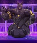 abs anthro anubian_jackal anubis areola balls biceps big_balls big_muscles big_penis black_areola black_balls black_body black_eyebrows black_glans black_nipples black_nose black_penis blush bodily_fluids bottle bulge canid canine canis cocktail_glass container cup deity digital_media_(artwork) disembodied_hand drinking_glass dripping egyptian egyptian_mythology erection excessive_genital_fluids excessive_precum eyebrows fingers genital_fluids genital_piercing genitals glans glans_piercing glass glass_container glass_cup gold_(metal) gold_jewelry gold_markings hand_on_balls hand_on_hip hi_res holding_bottle holding_container holding_object huge_balls huge_penis humanoid_genitalia humanoid_penis inside jackal jewelry looking_at_viewer male mammal markings middle_eastern_mythology muscular muscular_anthro muscular_male mythology nipple_piercing nipples nude pecs penis penis_piercing piercing precum precum_drip precum_string prince_albert_piercing purple_eyes ring_piercing smile smiling_at_viewer solo standing sweat teeth vein veiny_penis wolfblack43