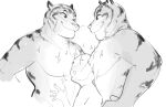  2022 5_fingers anon anthro blush blush_lines chest_tuft clothed clothing dbaru digital_media_(artwork) disney eyebrows faceless_character faceless_human faceless_male felid fingers fur fur_tuft greyscale group half-length_portrait hand_on_hip hand_on_stomach hi_res human larger_anthro larger_male looking_at_another looking_down looking_up male male/male mammal monochrome open_mouth pantherine portrait size_difference sketch smaller_human smaller_male smile sparkles striped_body striped_fur stripes thick_neck tiger tiger_dancer_(zootopia) topless trio tuft whiskers zootopia 
