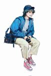  1boy bag baseball_cap blue_bag blue_jacket brown_pants character_name chinese_commentary closed_eyes commentary_request dusty_attenborough erhuazi917 freckles full_body ginga_eiyuu_densetsu green_hair grin hair_behind_ear hat highres invisible_chair jacket long_sleeves male_focus open_clothes open_jacket pants pink_shoes puffy_long_sleeves puffy_sleeves shirt shoes short_hair shoulder_bag simple_background sitting smile sneakers socks solo teeth white_background white_shirt white_socks 