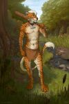  2:3 anthro bottomwear clothing club_(weapon) creek digitigrade felid hi_res leash loincloth male mammal melee_weapon pantherine plant reeds solo tiger titusw tree weapon 