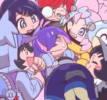  absurdres baseball_cap black_gloves black_hair black_hoodie blue_eyes blue_hair blush blush_stickers bonnet bow-shaped_hair camera character_hair_ornament closed_eyes closed_mouth colored_inner_hair dot_(pokemon) dress eyelashes fake_hair_bun glasses gloves green_hair_ornament grey_dress grey_eyes hair_bun hair_ornament hair_over_eyes hairclip hat headphones heart highres holding holding_camera hood hood_up hoodie icydirtball iono_(pokemon) jacket light_smile liko_(pokemon) long_hair long_sleeves magnemite meme multicolored_hair multiple_girls nervous_sweating nyabiko_(pokemon) open_clothes open_mouth oversized_clothes penny_(pokemon) perrin_(pokemon) photographer pink_hair pokemon pokemon_(anime) pokemon_horizons pokemon_sv ponytail poppy_(pokemon) purple_bag purple_hair red_hair round_eyewear sharp_teeth short_hair short_ponytail smile sonic_surrounded_by_amy_plush_dolls_(meme) split-color_hair sweat teeth two-tone_hair visor_cap white_nails yellow_eyes yellow_jacket 