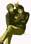  2boys ^_^ arm_up ascot black_jacket black_shoes blue_hair brown_pants buttons chinese_commentary closed_eyes collared_jacket commentary_request crossed_arms crossed_legs dusty_attenborough erhuazi917 food food_on_head foot_out_of_frame freckles fruit fruit_on_head ginga_eiyuu_densetsu green_hair grin hair_between_eyes hand_on_own_arm highres holding holding_food holding_fruit insignia jacket long_sleeves male_focus military_jacket military_uniform multiple_boys object_on_head orange_(fruit) pants patch shoes short_hair shoulder_boards shoulder_patch simple_background sitting smile teeth white_ascot white_background wing_collar yang_wen-li 