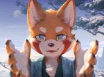 5_fingers ailurid anthro asian_clothing cheek_tuft chest_tuft clothing detailed_background east_asian_clothing extended_arms extended_hand facial_markings facial_tuft fingers foreshortening head_markings japanese_clothing kimono lokey looking_at_viewer male mammal markings plant pointy_ears red_panda solo tree tuft