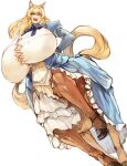  1girl :d animal_ears blonde_hair blue_dress blue_eyes blue_ribbon borrowed_character breasts brown_fur bursting_breasts button_gap centaur commentary commission dress english_commentary estelle_bellegarde_(cassarah) frilled_dress frills gigantic_breasts highres hooves horse_ears juliet_sleeves larribee long_sleeves neck_ribbon open_mouth original puffy_sleeves ribbon second-party_source simple_background smile solo standing_on_three_legs taur undersized_clothes white_background yellow_tail 