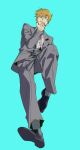  1boy black_footwear blonde_hair blue_background formal from_below full_body grey_jacket grey_pants grey_socks grey_suit highres jacket long_sleeves looking_at_viewer min83489492 mob_psycho_100 necktie pants pink_necktie protected_link reigen_arataka shirt shoes simple_background socks solo suit white_shirt 