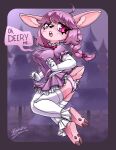 absurd_res anthro armwear blasticussaturn bow_ribbon braided_hair braided_ponytail butt clothed clothing cloven_hooves deer dress elbow_gloves evergreen_tree female forest forest_background frilly frilly_clothing frilly_panties frilly_underwear fur gloves hair handwear hi_res hooves leggings legwear looking_back mammal nature nature_background night nipple_outline open_mouth panties pine_tree pink_body pink_fur plant ponytail purple_hair red_eyes solo tail tail_under_skirt tree underwear upskirt