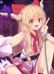  1girl aoi_1013ss blonde_hair blurry blurry_background blush bow bowtie brown_horns chain commentary_request fang feet_out_of_frame full_moon gourd hair_bow highres horn_bow horn_ornament horns ibuki_suika long_hair looking_at_viewer moon night open_mouth orange_eyes purple_bow purple_skirt red_bow red_bowtie ribbon-trimmed_skirt ribbon_trim selfie shirt sidelocks skirt sky sleeveless sleeveless_shirt smile solo star_(sky) starry_sky torii touhou v very_long_hair white_shirt 