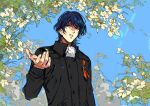  1boy ascot black_jacket blue_eyes blue_hair blue_sky buttons chinese_commentary collared_jacket commentary_request erhuazi917 falling_leaves falling_petals flower ginga_eiyuu_densetsu grin hand_up high_collar highres jacket leaf lily_(flower) long_sleeves looking_to_the_side male_focus open_hand petals short_hair sky smile solo teeth upper_body white_ascot white_flower yang_wen-li 