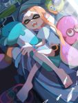  1girl anniversary barefoot bike_shorts black_shorts closed_eyes commentary_request from_above highres hugging_object inkling inkling_girl inkling_player_character kororinnmaru long_hair lying on_bed on_side open_mouth shirt shoes short_eyebrows shorts sleeping solo splatoon_(series) splatoon_1 stuffed_animal stuffed_toy teeth tentacle_hair thick_eyebrows unworn_shoes white_shirt zapfish 