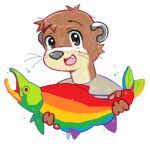 alunka ambiguous_gender anthro brown_body brown_fur duo eyebrows fangs feral fish fur kemono lgbt_pride mammal marine multicolored_body mustelid open_mouth otter pride_colors rainbow_body salmon salmonid_(fish) smile teeth whiskers