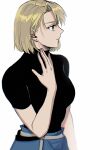  1girl bangs black_shirt blonde_hair blue_pants bob_cut breasts brown_eyes earrings fullmetal_alchemist hair_over_one_eye hand_on_own_neck highres jewelry large_breasts looking_to_the_side ozaki_(tsukiko3) pants parted_bangs parted_lips riza_hawkeye shirt short_hair short_sleeves solo tight tight_shirt turtleneck upper_body white_background 