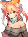  1girl alternate_costume animal_ear_fluff animal_ears aqua_scarf bag bangs bare_shoulders blush bow breasts commentary_request fate/extra fate/grand_order fate_(series) fox_ears fox_girl grey_sweater hair_between_eyes hair_bow large_breasts looking_at_viewer mogullaz off-shoulder_sweater off_shoulder pink_hair scarf shopping_bag simple_background solo split_ponytail sweater tamamo_(fate) tamamo_no_mae_(fate/extra) upper_body white_background yellow_eyes 