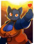 4_fingers absurd_res anthro big_breasts black_body black_bottomwear black_clothing black_fur black_hair black_pants border bottomwear breasts cat_smile cleavage clothed clothing digital_drawing_(artwork) digital_media_(artwork) domestic_cat eyelashes felid feline felis female fingers fur gabbah gradient_background hair heart_symbol hi_res huge_breasts mae_borowski mammal night_in_the_woods orange_clothing orange_eyes orange_shirt orange_topwear overweight overweight_anthro overweight_female pants portrait red_hair shirt short_hair simple_background smile snapping_fingers solo three-quarter_portrait three-quarter_view topwear whiskers white_border wide_hips