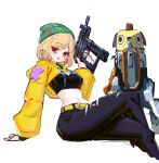  1girl bangs beanie black_pants black_sports_bra commentary cosplay crossed_legs earrings green_headwear gun hair_behind_ear hat head_tilt heart heart_earrings holding holding_gun holding_weapon hood hood_down invisible_chair jewelry jingburger killjoy_(valorant) killjoy_(valorant)_(cosplay) korean_commentary leaning_back lim_donghyun midriff navel open_mouth pants red_eyes short_hair shrug_(clothing) sitting skirt smile sports_bra tiles trigger_discipline turret valorant virtual_youtuber waktaverse weapon yellow_skirt 