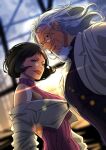  1boy 1girl beard black_hair bob_cut closed_mouth commentary_request couple eyelashes facial_hair glasses halterneck highres jacket long_hair looking_at_viewer musasabiop one_piece profile shakuyaku_(one_piece) silvers_rayleigh smile striped_clothes turtleneck upper_body v-shaped_eyebrows vertical-striped_clothes white_jacket 