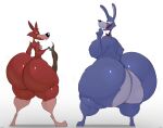  absurd_res anthro big_butt blush bonnie_(fnaf) bow_tie butt canid canine clothing duo eye_patch eyewear fangs five_nights_at_freddy&#039;s fox foxy_(fnaf) freckles fur girly hi_res hook_hand huge_butt hyper lagomorph leporid looking_at_viewer looking_back male mammal nude open_mouth purple_body rabbit rear_view red_body schplingnops scottgames shaking_butt sharp_teeth simple_background smile standing teeth thick_thighs underwear video_games 