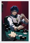  1boy black_jacket black_vest blue_hair card chair collared_shirt cup dark_background drinking_glass elbow_on_table erhuazi917 formal_clothes ginga_eiyuu_densetsu hair_between_eyes hand_on_table hand_up highres holding holding_card holding_cup ice ice_cube inset_border jacket looking_to_the_side male_focus necktie on_chair playing_card poker poker_chip poker_table red_background shirt short_hair simple_background sitting sleeves_rolled_up smile solo_focus spotlight table upper_body vest watch white_shirt wristwatch yang_wen-li yellow_necktie 