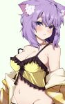  1girl alternate_costume animal_ear_fluff animal_ears aobara_hairi blush breasts camisole cat_ears cat_girl cleavage closed_mouth cosplay highres hololive large_breasts natsuiro_matsuri natsuiro_matsuri_(cosplay) natsuiro_matsuri_(matsuri's_day_off) nekomata_okayu purple_eyes purple_hair solo virtual_youtuber white_background yellow_camisole 