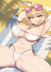  1girl ahoge anis_(nikke) anis_(sparkling_summer)_(nikke) armpits ass_visible_through_thighs beach bikini breasts brown_hair cameltoe cleavage closed_mouth eyepatch_bikini eyewear_on_head goddess_of_victory:_nikke highres jacket jewelry large_breasts lips looking_at_viewer lying navel necklace on_back open_clothes open_jacket outdoors sand short_hair smile solo spread_legs stomach strongbana summer swimsuit white_bikini yellow_eyes yellow_jacket 