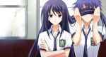  1boy 1girl :o aoi_sena blurry blurry_background breast_pocket buttons chaos;head chaos;head_love_chu_chu! clenched_teeth clueless collarbone collared_shirt crossed_arms drooling facing_viewer fingernails game_cg hair_lift hair_over_eyes highres holding_another&#039;s_hair indoors long_hair long_sidelocks looking_down loose_necktie matsuo_yukihiro messy_hair molestation mouth_drool necktie nishijou_takumi official_art open_collar open_mouth pervert pink_lips plaid_clothes plaid_necktie plaid_sleeves pocket purple_eyes purple_hair purple_necktie purple_sleeves saliva school_emblem school_uniform shiny_eyes shirt short_hair short_sleeves sidelocks sitting smelling smelling_hair streetcar suimei_academy suimei_school_uniform suimei_summer_uniform talking teeth white_shirt window 
