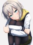  1girl absurdres aoba_moca aqua_eyes bang_dream! black_pantyhose blush closed_mouth feet_out_of_frame grey_background grey_hair hair_between_eyes head_tilt highres hood hoodie hugging_own_legs long_sleeves looking_at_viewer miniskirt noshimurin pantyhose short_hair simple_background sitting skirt smile smirk solo 