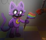 anthro arms_tied black_eyes blood bodily_fluids bound canid canine catnap_(poppy_playtime) dogday_(poppy_playtime) domestic_cat dripping_blood duo felid feline felis fur hi_res jewelry lgbt_pride male male/male mammal mob_entertainment moon_symbol necklace open_mouth poppy_playtime pride_color_flag pride_colors pride_month_2025 proud pupils purple_body purple_fur smile smiling_critters tinky white_pupils