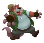  2022 4_fingers anthro belly big_belly bottomwear brok_the_investigator clothing cricetid facial_hair fingers hat headgear headwear hi_res male mammal mature_male muskrat mustache overweight overweight_male pants piti_yindee rodent shirt solo topwear tramp_(brok_the_investigator) video_games 
