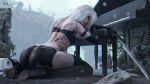  1girl 3d a2_(nier:automata) android ass blender_(medium) blue_eyes blurry blurry_background closed_mouth commentary english_commentary grand_piano high_heels highres holding holding_sword holding_weapon instrument long_hair looking_at_viewer median_furrow nier:automata nier_(series) outdoors piano seven_(sixplusone) sitting solo sword wariza weapon whale_tail_(clothing) white_hair 