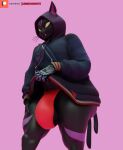 3d_(artwork) anthro asian_mythology barely_visible_genitalia biped camseven clothed clothing clothing_lift cybernetic_hand cybernetics digital_media_(artwork) domestic_cat east_asian_mythology empty_eyes epic_games fangs felid feline felis forked_tail fortnite fur furgonomic_hoodie furgonomics genitals hi_res hoodie hoodie_lift japanese_mythology machine male mammal multicolored_body multicolored_fur mythology nekomata notched_ear nyanja_(fortnite) panties patreon patreon_logo pink_background purple_body purple_fur red_clothing red_panties red_underwear simple_background solo tail teeth topwear two_tone_body two_tone_fur underwear unusual_anatomy unusual_tail whiskers yellow_eyes yokai