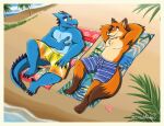  anthro beach beach_towel canid canine clothing dragon drawitandrew duo fox hi_res male mammal ryuto_(nanopsychic) seaside swimming_trunks swimwear towel wilson_(nyzcait) 