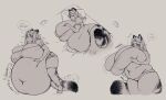 animal_humanoid belly belly_touching_floor big_belly big_breasts blush blush_lines bodily_fluids breast_expansion breasts cakecatboy cleavage clothed clothing dialogue drooling expansion felid felid_humanoid female hi_res holding_belly holding_breast huge_belly huge_breasts huge_thighs humanoid hyper hyper_breasts lying lyra_(cakecatboy) mammal mammal_humanoid markings monochrome on_side open_mouth overstuffed overweight overweight_humanoid pantherine pantherine_humanoid panties rumbling_stomach saliva short_stack simple_background sleeping solo sound_effects speech_bubble standing striped_markings striped_tail stripes stuffing sweat tail tail_markings text thick_thighs tiger_humanoid underwear weight_gain yawn