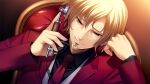  1boy antique_phone beard black_shirt blonde_hair chair closed_mouth collared_shirt corded_phone facial_hair fumio_(ura_fmo) game_cg grisaia_(series) grisaia_no_rakuen heath_oslo holding holding_phone jacket long_sleeves male_focus narrowed_eyes necktie non-web_source official_art phone red_eyes red_jacket red_necktie shirt short_hair smile solo suit_jacket talking_on_phone upper_body 