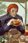  1boy black_jacket book burger chewing collared_jacket cup eating elbows_on_table epaulettes erhuazi917 food food_wrapper french_fries fritz_josef_bittenfeld ginga_eiyuu_densetsu gloves hair_slicked_back hands_up highres holding holding_burger holding_food jacket long_sleeves looking_to_the_side male_focus military_jacket military_uniform open_book orange_eyes orange_hair salad short_hair solo table upper_body white_gloves 