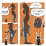 1:1 absurd_res accident accidental_exposure ambiguous_gender angry anthro arthropod arthropod_abdomen bent_over big_butt black_body black_eyes blush bodily_fluids bound butt cloak clothed clothing comic cross-popping_vein dhalek duo english_text female frown glistening glistening_body godseeker_(hollow_knight) hi_res hollow_knight horn huge_butt humanoid insect mask simple_background size_difference sweat sweatdrop team_cherry text the_knight_(hollow_knight) torn_clothing vessel_(species) wardrobe_malfunction