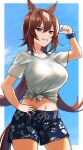  1girl animal_ears border breasts brown_hair earrings gaze_on_me!_outfit_(umamusume) hand_on_hip highres horse_ears horse_girl horse_tail jewelry kusanagi_kaoru large_breasts long_hair looking_at_viewer multicolored_hair navel red_eyes scrunchie shirt sirius_symboli_(umamusume) smile solo streaked_hair tail tied_shirt umamusume white_border wrist_scrunchie 