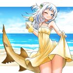  1girl alternate_costume beach blue_hair blue_sky clothes_lift cloud cup dress dress_lift fins fish_tail food fruit gawr_gura grey_hair holding holding_cup hololive hololive_english lemon lemon_slice looking_at_viewer medium_hair multicolored_hair one_eye_closed shark_girl shark_tail skirt_hold sky smile streaked_hair superfann tail two_side_up virtual_youtuber water yellow_dress 
